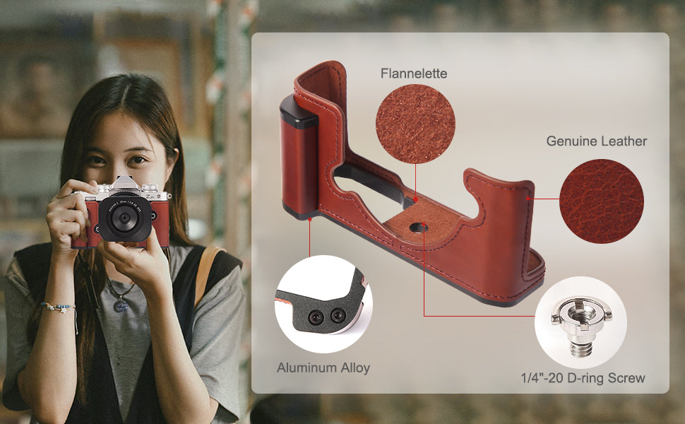 [For Nikon Zfc] Premium Cowhide Leather Grip & L-Shaped Handle  (Brownish red) - Professional Camera Accessories