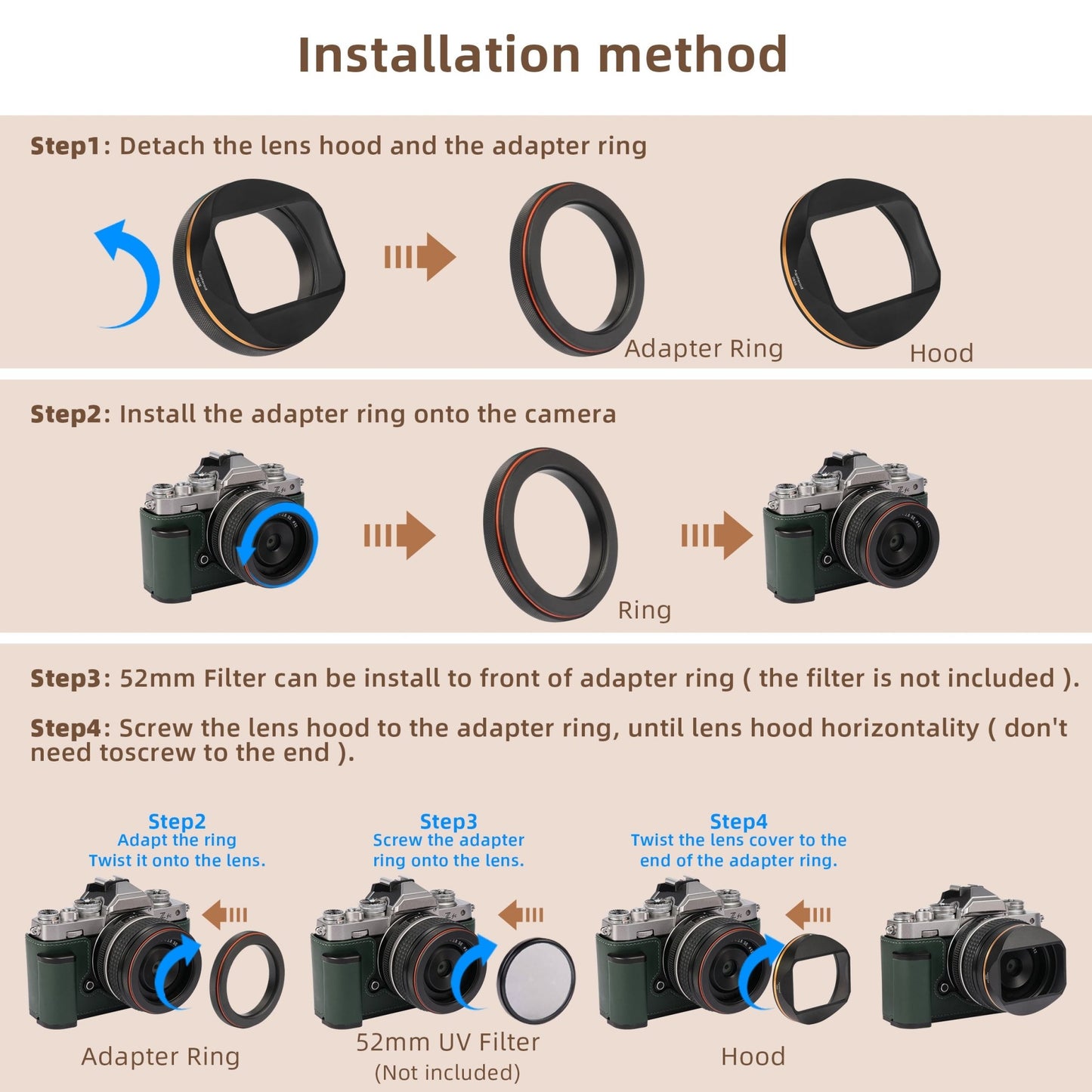 product_nVintage Square Lens Hood for NIKKOR Z 28mm f/2.8 SE / 40mm f/2 (SE) / 40mm f/2 Lens(52mm, Rose Gold)ame - Agaterod